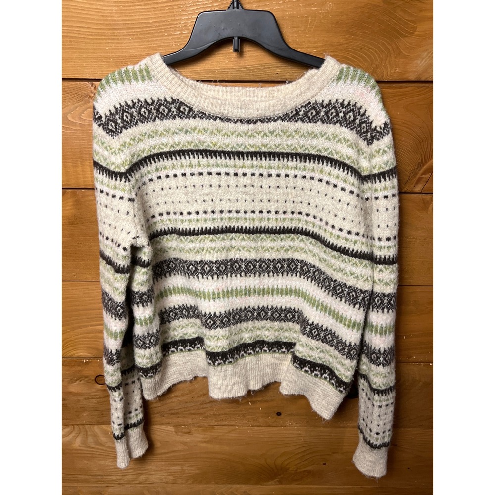 Workshop Fair Isle Geometric Pattern Crewneck Sweater M Cream Green Wool
Blend